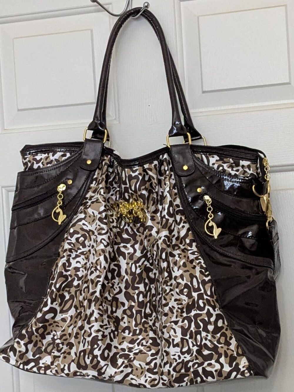 Baby Phat Brown & White Leopard Print Handbag With Gold Accents Leopardprint